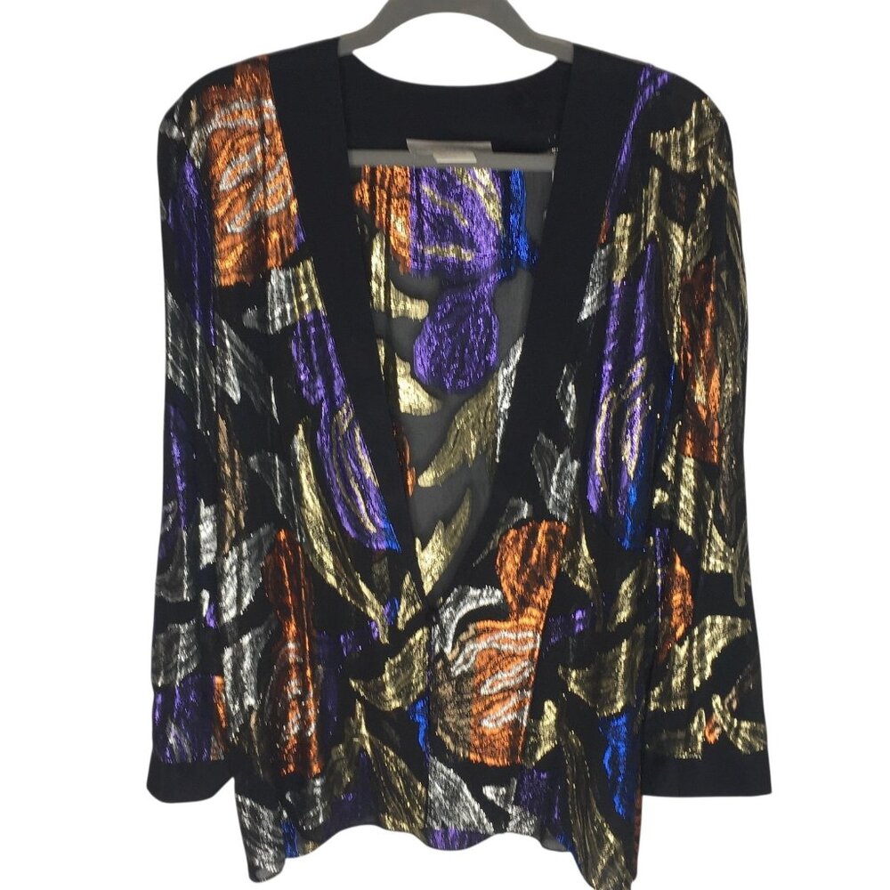 A.C. Sport Jacket Womens 12 Black Metallic Floral Open Front Made in USA Party